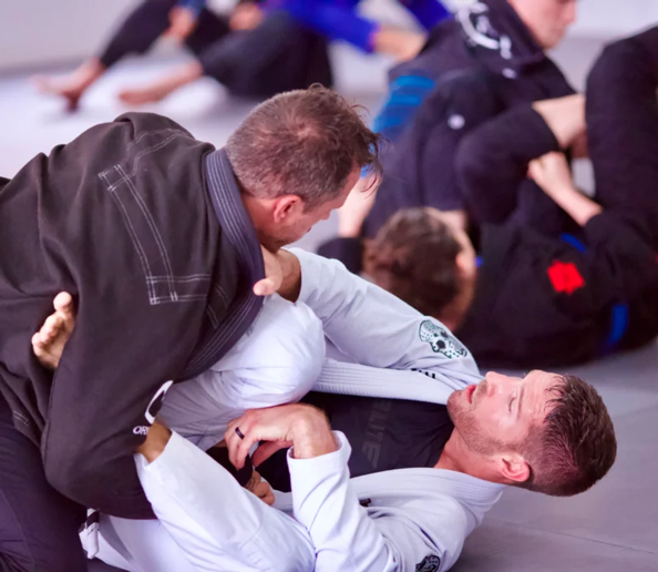 Two adult students practicing Brazilian Jiu Jitsu ground techniques during a live sparring class at Legacy Brazilian Jiu Jitsu.